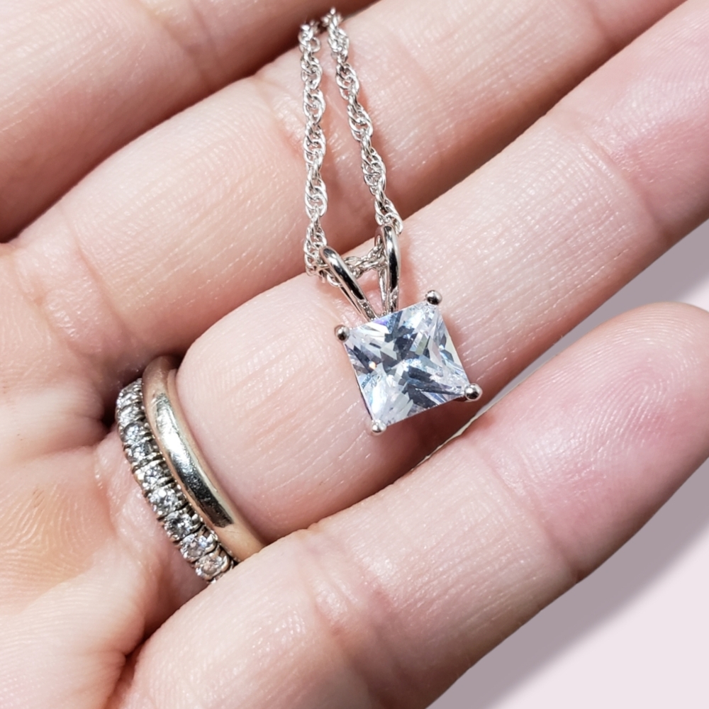 2 CT. White Zirconia Sterling Silver Square Pendant Necklace